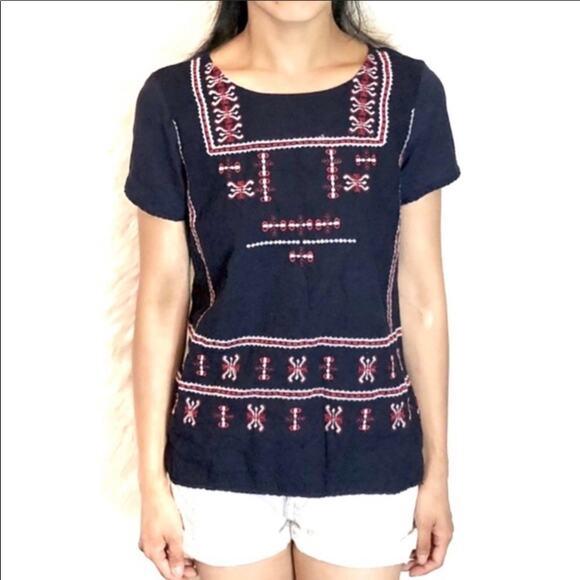 Lucky Brand Navy Embroidered Short Sleeve Boho Top - Picture 1 of 8